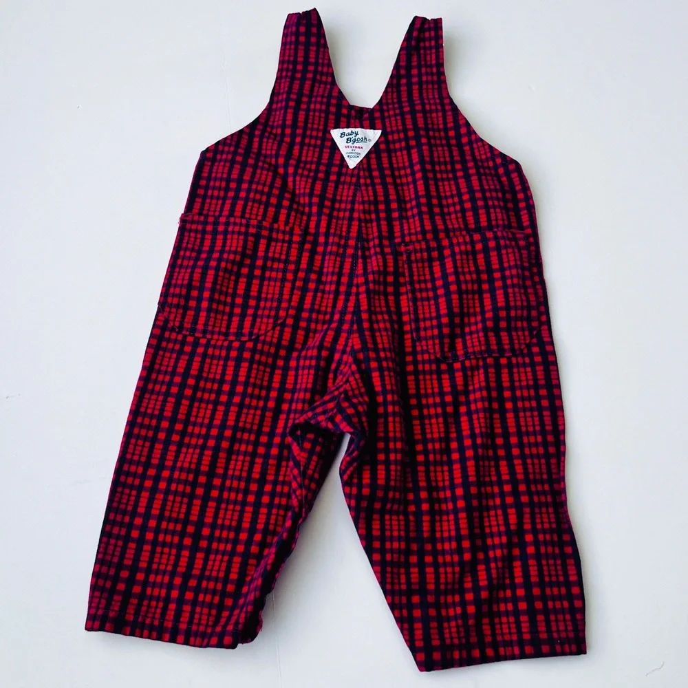 Vintage OshKosh B'gosh Denim Bib Overalls 6-9M Plaid Made in USA Cotton